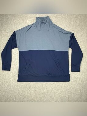 ZELOS Women’s XL Blue Colorblock Mock Neck Pullover Sweatshirt Oversized Pockets